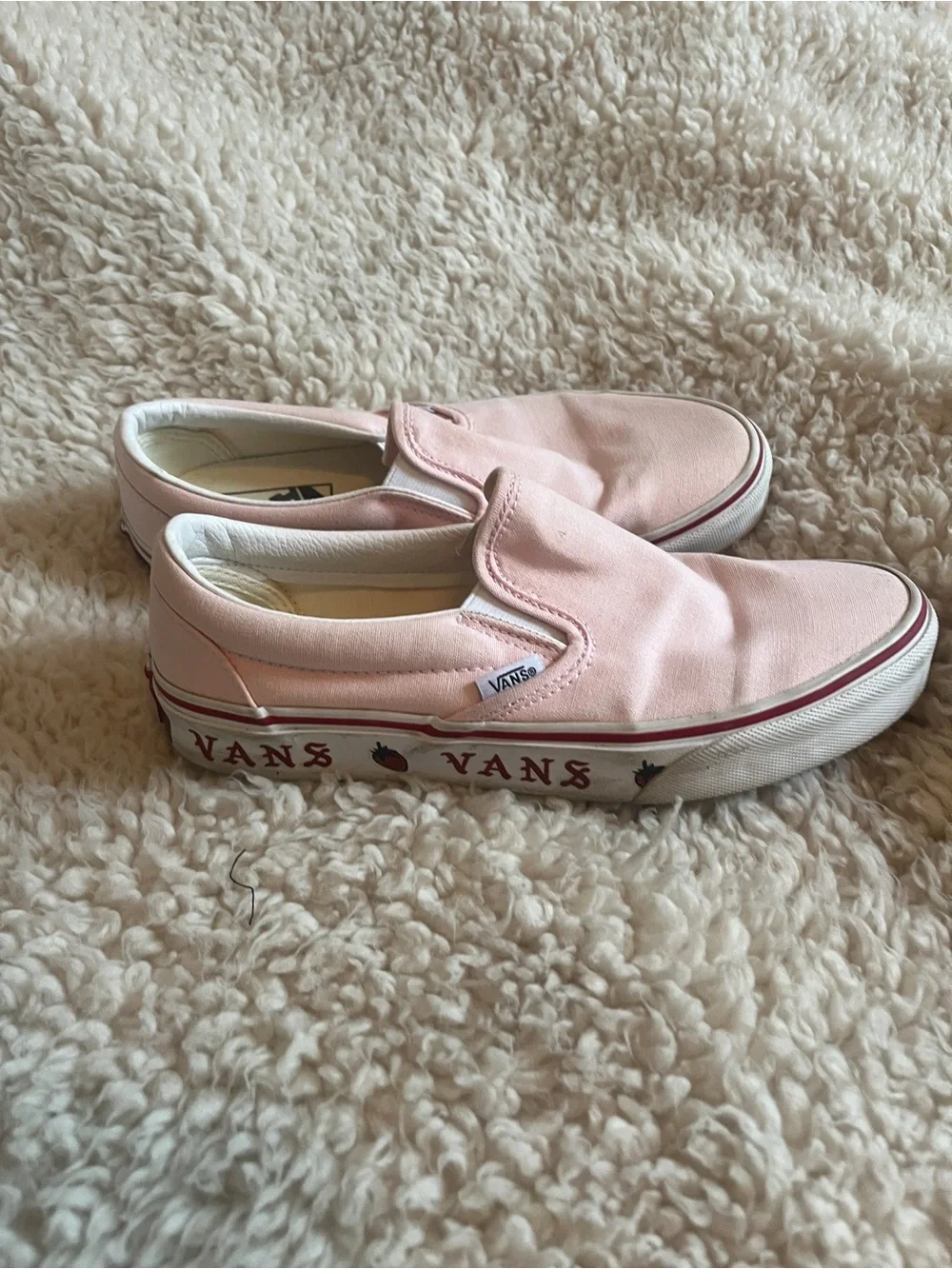 Vans 2021 Pink Slip-On Sneakers with Red Side Logo and Strawberry Detail Rare